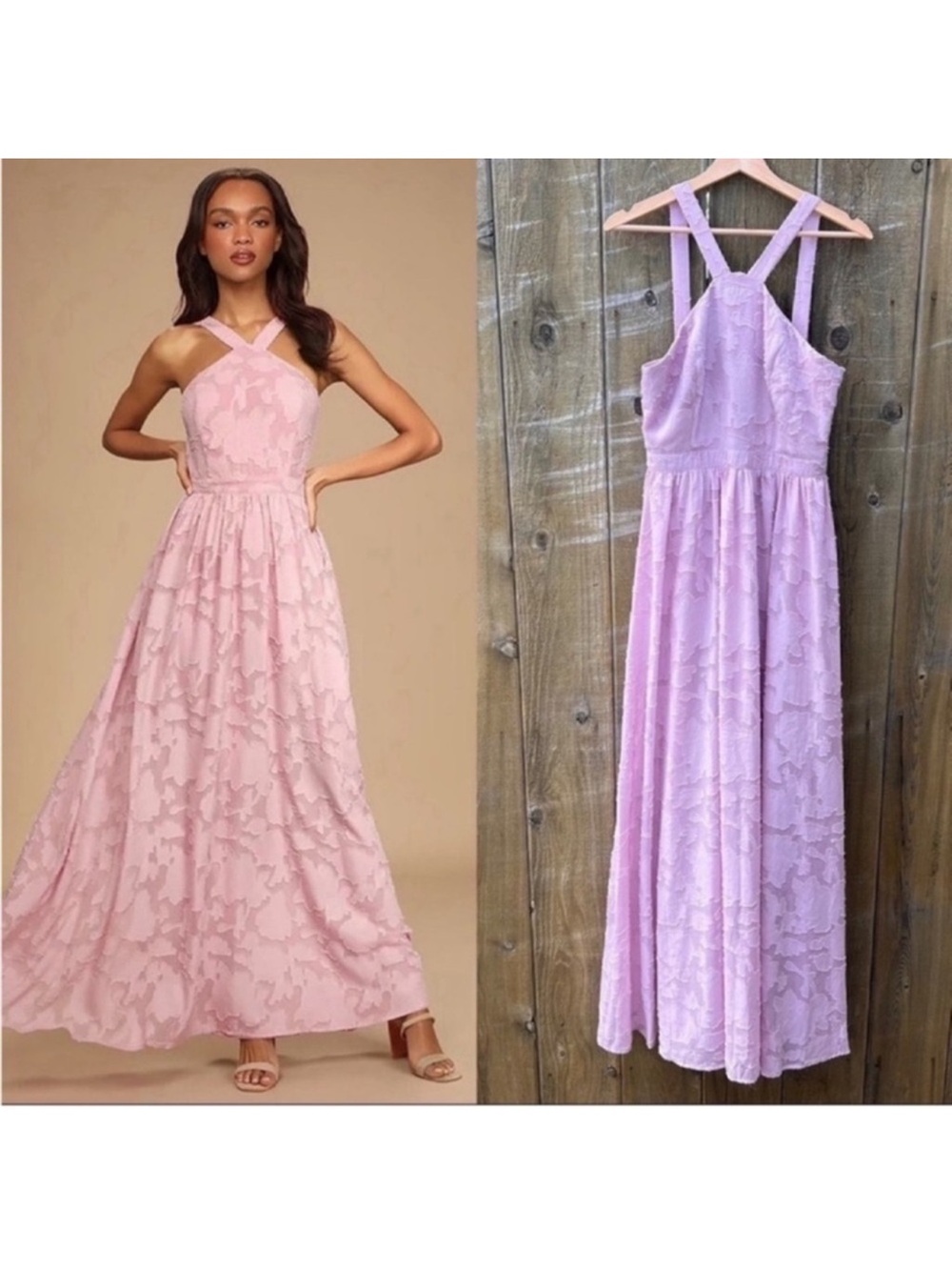 Mauve Pink Halter Floral Chiffon Burnout Jacquard Dress 🌿